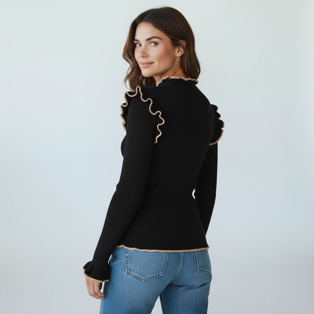 Dance & Marvel Black Ribbed Ruffle Sweater – Size S - Picture 2 of 16